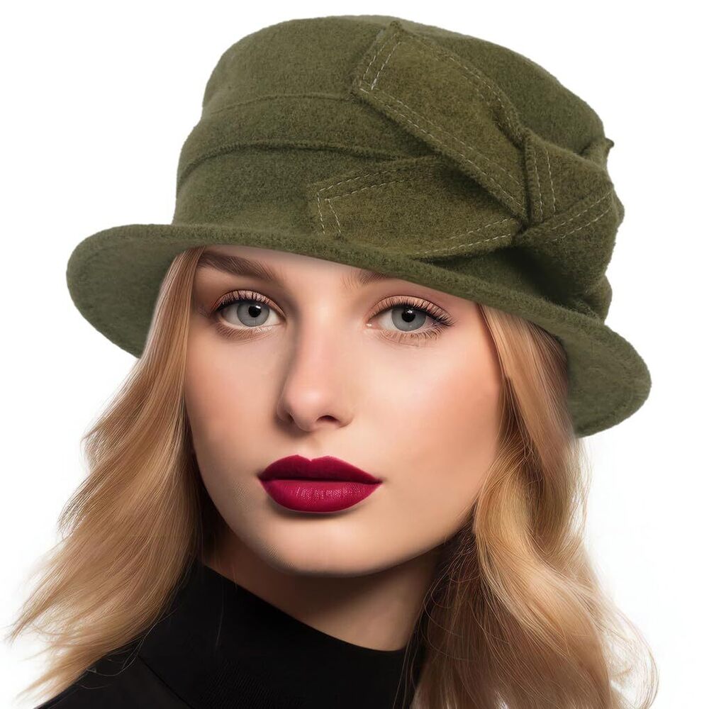 6216 Women Vintage Felt Bucket Hat Winter Wool Dress Beret Hat (c021-green)